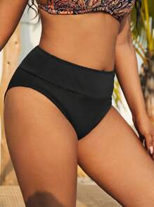 Swim Basics Summer Beach Plus Solid High Waisted Bikini Bottom - Black - View 1