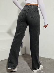 SHEIN 破洞直筒牛仔裤 - 黑色 - 查看 2