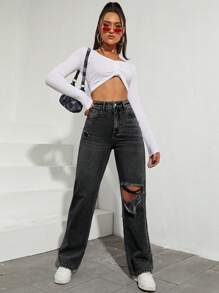 SHEIN 破洞直筒牛仔裤 - 黑色 - 查看 3