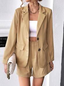 SHEIN Essnce Cổ áo Chi tiết về Flap Áo vest & Quần short - Màu Khaki - Xem 1