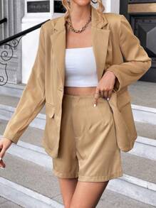 SHEIN Essnce Cổ áo Chi tiết về Flap Áo vest & Quần short - Màu Khaki - Xem 6