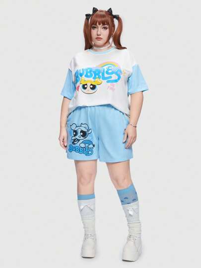The Powerpuff Girls | ROMWE Plus Cartoon & Letter Graphic Drop Shoulder Tee