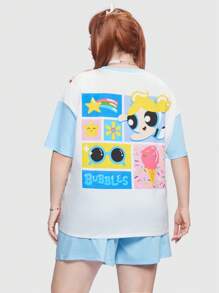 The Powerpuff Girls | ROMWE Talla grande Camiseta de hombros caídos con estampado de dibujos animados y letra - Azul y blanco - Ver 2