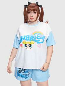 The Powerpuff Girls | ROMWE Talla grande Camiseta de hombros caídos con estampado de dibujos animados y letra - Azul y blanco - Ver 3