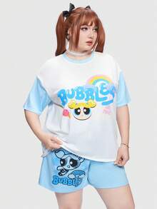 The Powerpuff Girls | ROMWE Talla grande Camiseta de hombros caídos con estampado de dibujos animados y letra - Azul y blanco - Ver 4