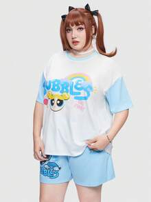 The Powerpuff Girls | ROMWE Talla grande Camiseta de hombros caídos con estampado de dibujos animados y letra - Azul y blanco - Ver 5