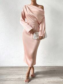 SHEIN Unity Vestido de cuello asimétrico fruncido con abertura trasera de satén - Albaricoque - Ver 2