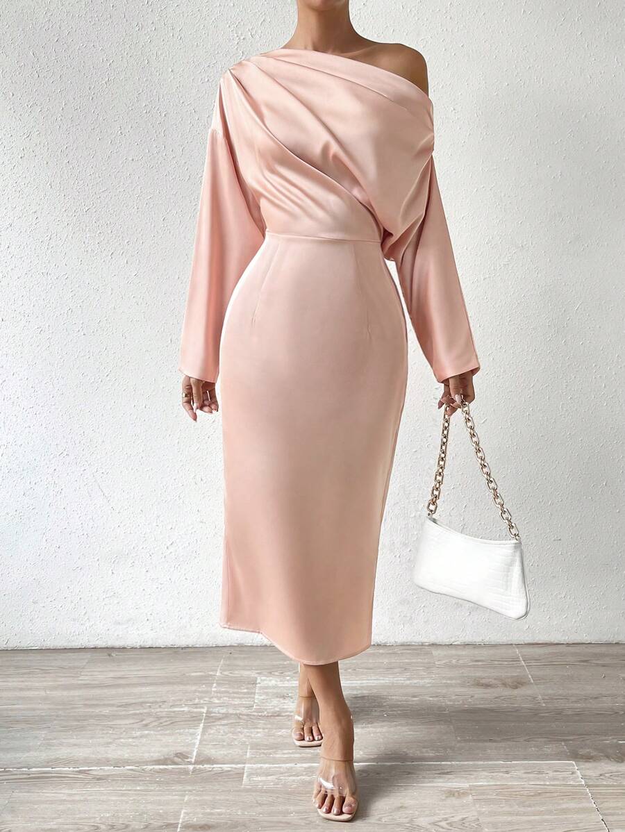 SHEIN Unity Vestido de cuello asimétrico fruncido con abertura trasera de satén - Albaricoque - Ver 1