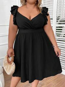 SHEIN CURVE+ Talla grande Vestido ribete con fruncido - Negro - Ver 4