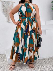 SHEIN CURVE+ Plus Geo Print Ruffle Hem Belted Halter Dress - Multicolor - View 6