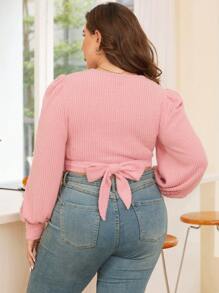 SHEIN Essnce 大碼燈籠袖交叉短款T恤 - 藕粉色 - 查看 2