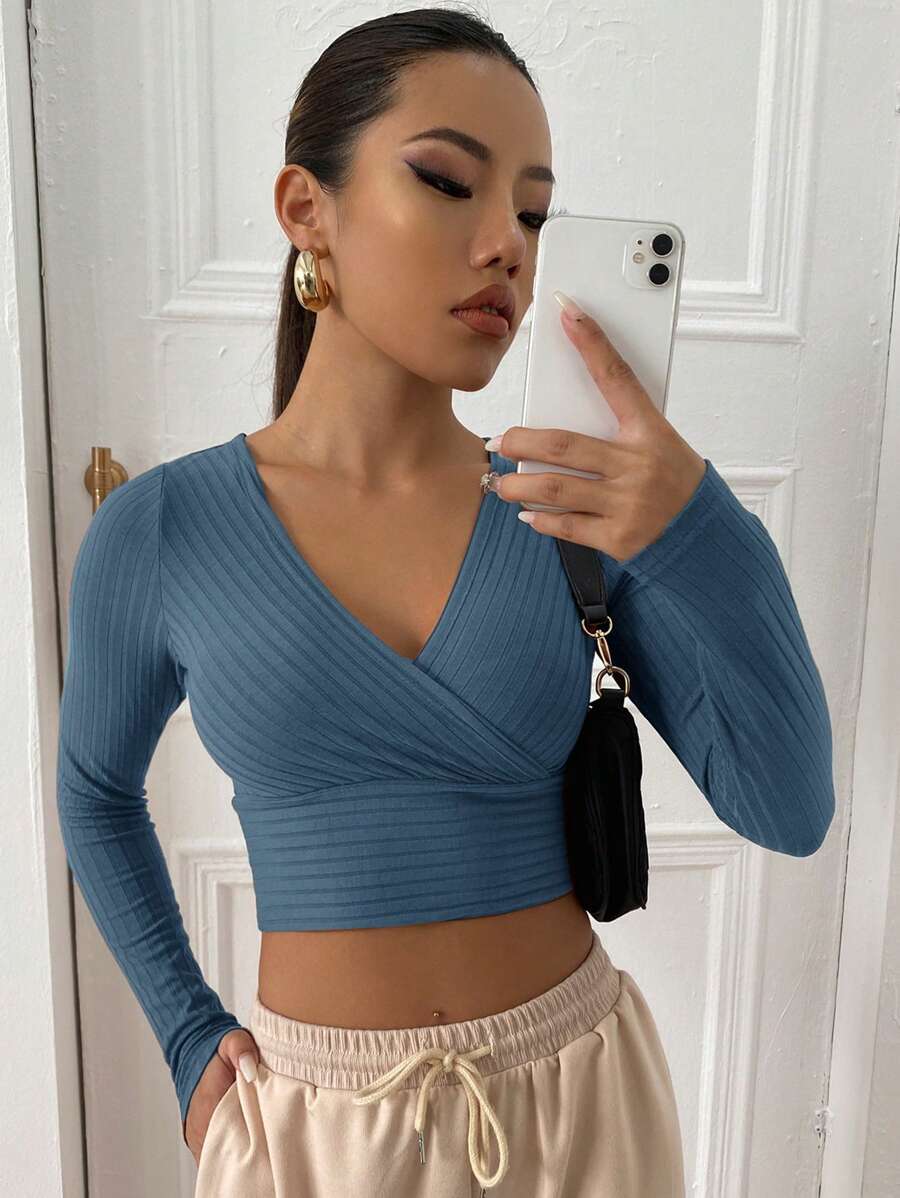 SHEIN EZwear Surplice Neck Rib-knit Crop Tee - Dusty Blue - View 1