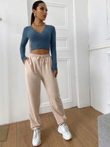 SHEIN EZwear Surplice Neck Rib-knit Crop Tee - Dusty Blue - View 3