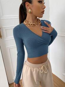 SHEIN EZwear Surplice Neck Rib-knit Crop Tee - Dusty Blue - View 5