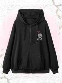 ROMWE Kawaii Skull Graphic Rhinestone Decor Zip Up Drawstring Hoodie, School,Long Sleeve Tops Graduation,Back To School Outfits,Graduation,Teacher Outfits For Women,Back To School