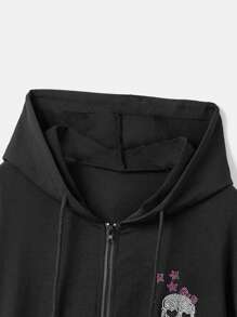ROMWE Kawaii Skull Graphic Rhinestone Decor Zip Up Drawstring Hoodie, School,Long Sleeve Tops Graduation,Back To School Outfits,Graduation,Teacher Outfits For Women,Back To School