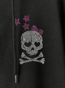 ROMWE Kawaii Skull Graphic Rhinestone Decor Zip Up Drawstring Hoodie, School,Long Sleeve Tops Graduation,Back To School Outfits,Graduation,Teacher Outfits For Women,Back To School