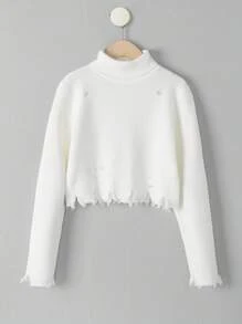 SHEIN Cô gái Tween Áo cao cổ Đau khổ Cắt tỉa Áo len - trắng - Xem 1