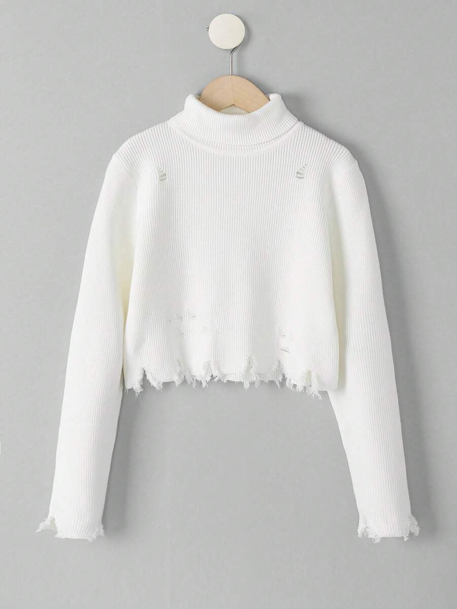 SHEIN Cô gái Tween Áo cao cổ Đau khổ Cắt tỉa Áo len - trắng - Xem 1