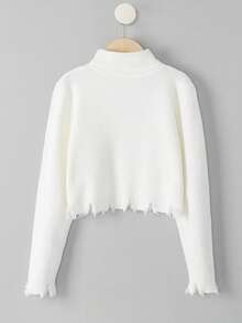 SHEIN Cô gái Tween Áo cao cổ Đau khổ Cắt tỉa Áo len - trắng - Xem 2