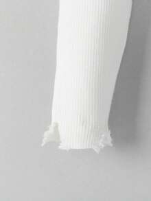 SHEIN Cô gái Tween Áo cao cổ Đau khổ Cắt tỉa Áo len - trắng - Xem 4