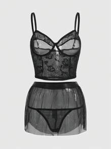 ROMWE Goth 3入組花邊蕾絲網帶鋼圈內衣套裝 - 黑色 - 查看 1