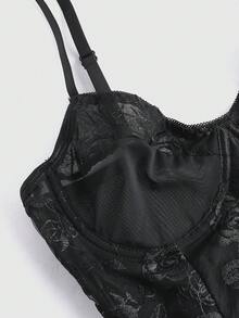 ROMWE Goth 3入組花邊蕾絲網帶鋼圈內衣套裝 - 黑色 - 查看 3