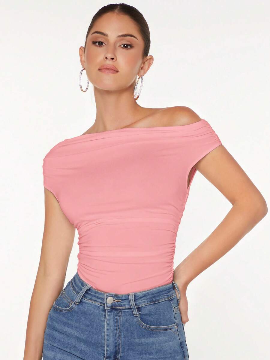 SHEIN BAE Cổ không đối xứng Xù Áo thun - Hồng - Xem 1