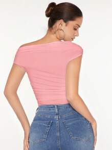 SHEIN BAE Cổ không đối xứng Xù Áo thun - Hồng - Xem 2