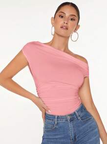 SHEIN BAE Cổ không đối xứng Xù Áo thun - Hồng - Xem 3