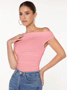 SHEIN BAE Cổ không đối xứng Xù Áo thun - Hồng - Xem 7