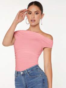 SHEIN BAE Cổ không đối xứng Xù Áo thun - Hồng - Xem 8
