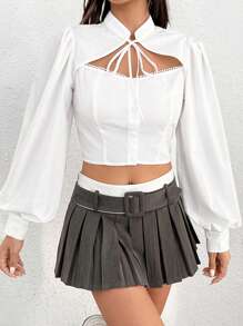 SHEIN MOD Tie Neck Cut Out Front Lantern Sleeve Crop Blouse