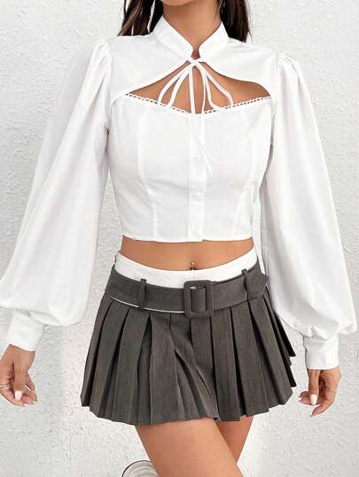 SHEIN MOD 繫帶領前鏤空燈籠袖短款襯衫