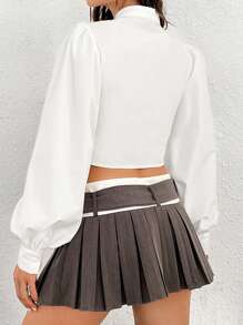 SHEIN MOD Tie Neck Cut Out Front Lantern Sleeve Crop Blouse