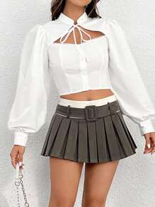 SHEIN MOD Tie Neck Cut Out Front Lantern Sleeve Crop Blouse