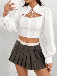 SHEIN MOD Tie Neck Cut Out Front Lantern Sleeve Crop Blouse