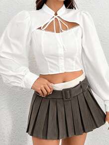 SHEIN MOD Tie Neck Cut Out Front Lantern Sleeve Crop Blouse