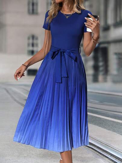 SHEIN Clasi 漸層百褶下擺繫腰帶連衣裙