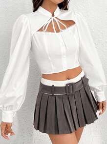 SHEIN MOD Tie Neck Cut Out Front Lantern Sleeve Crop Blouse