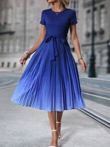 SHEIN Clasi 漸層百褶下擺繫腰帶連衣裙 - 藍色 - 查看 5