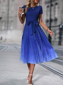 SHEIN Clasi 漸層百褶下擺繫腰帶連衣裙 - 藍色 - 查看 6