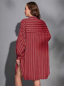 SHEIN Tall Striped Print Drop Shoulder Shirt Without Belt - Red and White - View 2