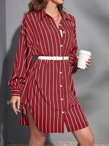 SHEIN Tall Striped Print Drop Shoulder Shirt Without Belt - Red and White - View 3