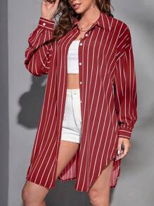 SHEIN Tall Striped Print Drop Shoulder Shirt Without Belt - Red and White - View 4