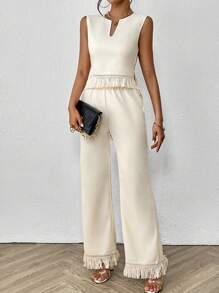 SHEIN LUNE Notched Neckline Fringe Trim Tank Top & Wide Leg Pants - Apricot - View 3