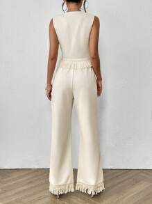 SHEIN LUNE Notched Neckline Fringe Trim Tank Top & Wide Leg Pants - Apricot - View 2