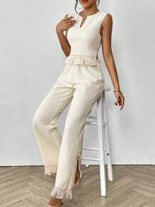 SHEIN LUNE Notched Neckline Fringe Trim Tank Top & Wide Leg Pants - Apricot - View 4