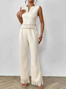 SHEIN LUNE Notched Neckline Fringe Trim Tank Top & Wide Leg Pants - Apricot - View 5