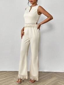 SHEIN LUNE Notched Neckline Fringe Trim Tank Top & Wide Leg Pants - Apricot - View 6